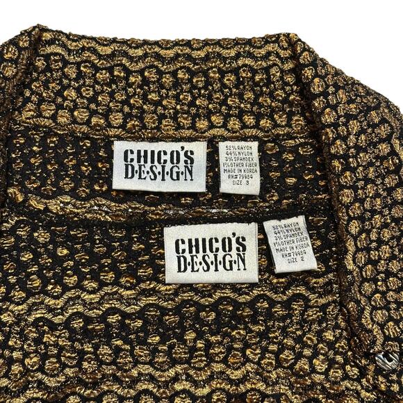 Vintage Chico’s Design Gold Metallic Crinkle Twinset L/XL Retro Cardigan & Tank - Picture 4 of 8